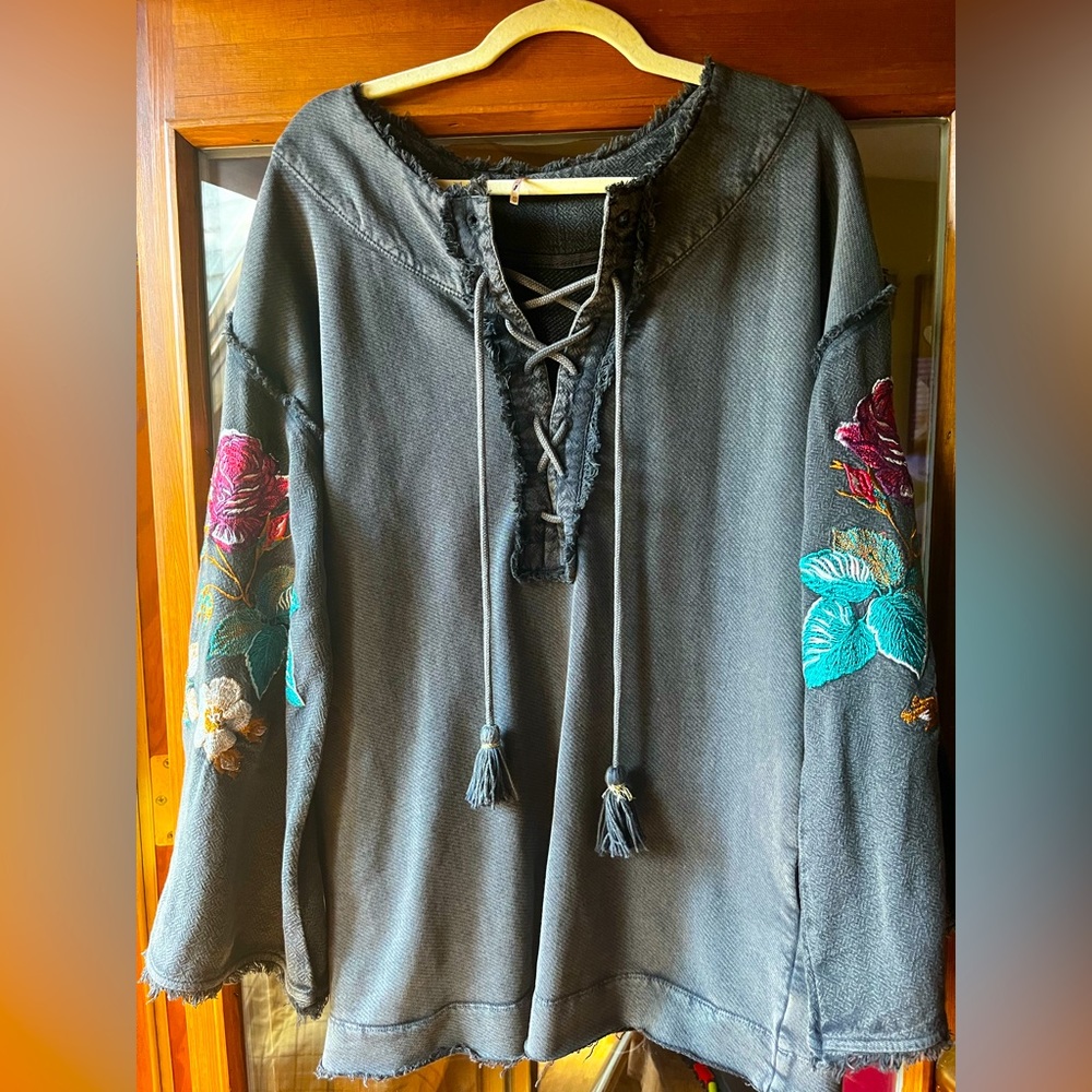 Free people embroidered lace up sweatshirt tunic